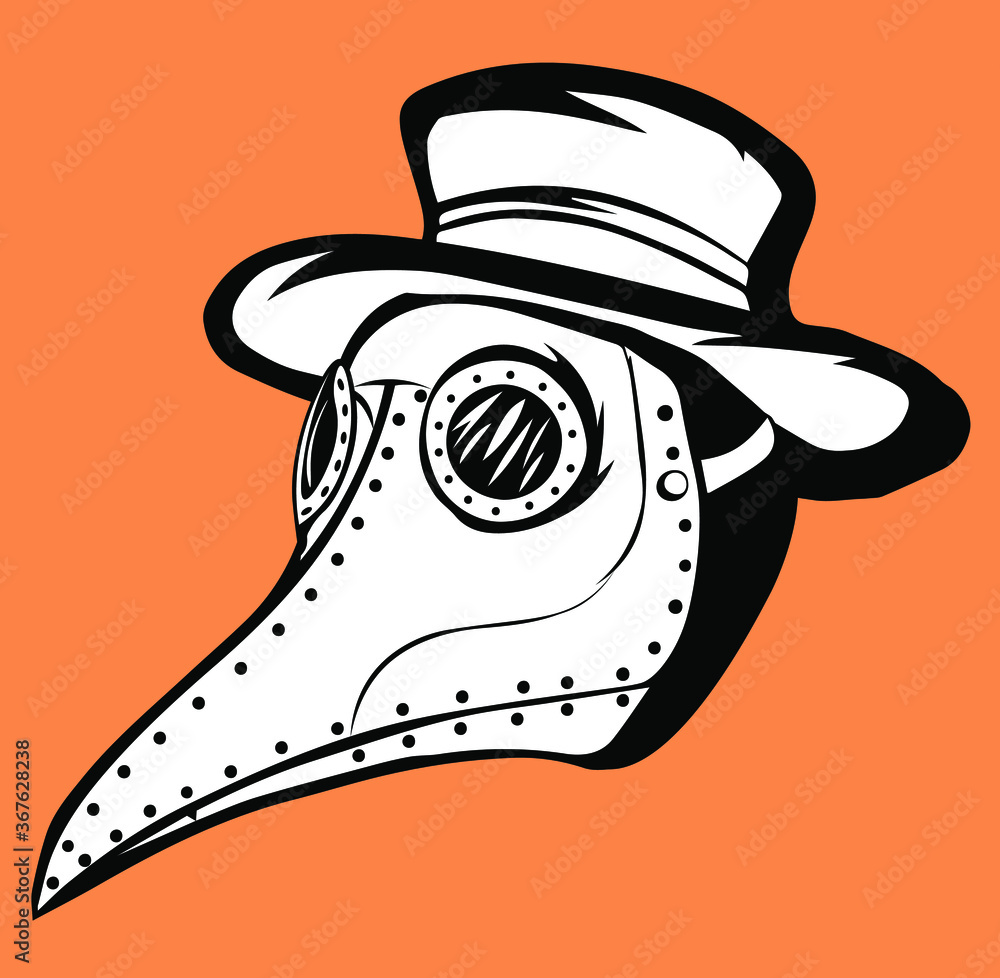 Vector illustration of a plague doctor with a mask and hat. Black and ...