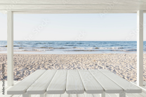 empty white wooden planks table on a beautiful beach porch 3d rendering illustration