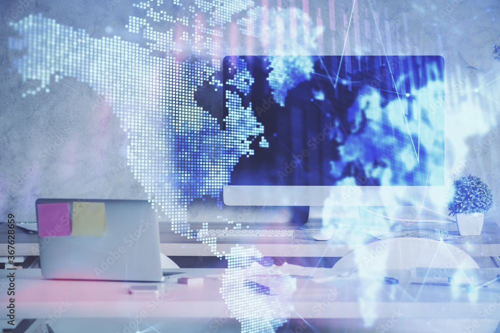 Multi exposure of financial graph drawing and office interior background. Concept of market analysis. Multi exposure of financial graph drawing and office interior background. Concept of market analysis.