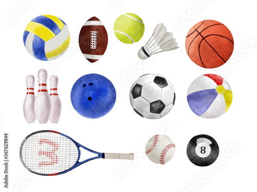 Watercolor illustration of sport balls set like water polo  soccer  basketball and baseball isolated on white background
