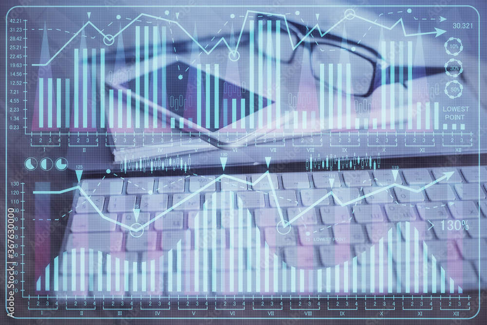 Double exposure of forex chart drawing and cell phone background. Concept of financial trading Double exposure of forex chart drawing and cell phone background. Concept of financial trading