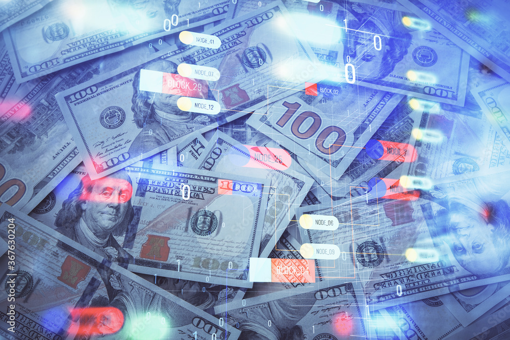 Fototapeta premium Double exposure of data theme drawing over us dollars bill background. Technology concept.