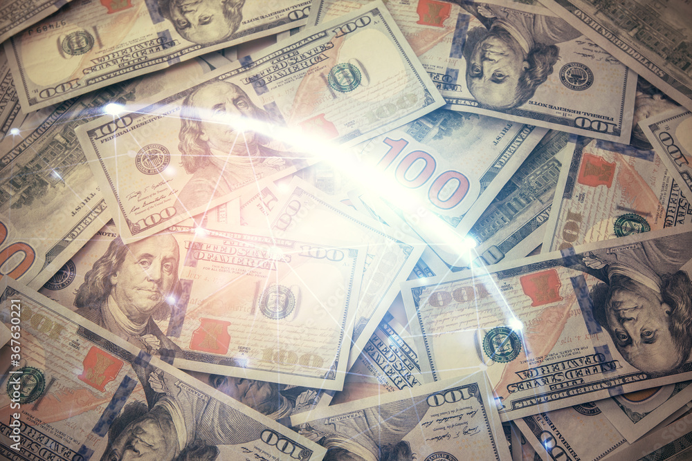 Multi exposure of social network drawing over us dollars bill background. Concept of people connection. Multi exposure of social network drawing over us dollars bill background. Concept of people connection.