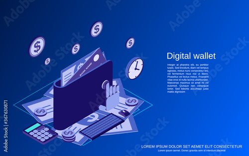 Digital wallet flat 3d isometric vector concept illustration
