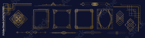 Set of Art Deco golden line elements: borders, frames, headers, elements
