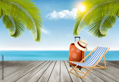 Vacation background. Beach  with tropical palm trees and blue sea. Vector.