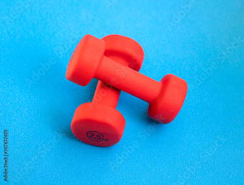 Two red weights on the blue background