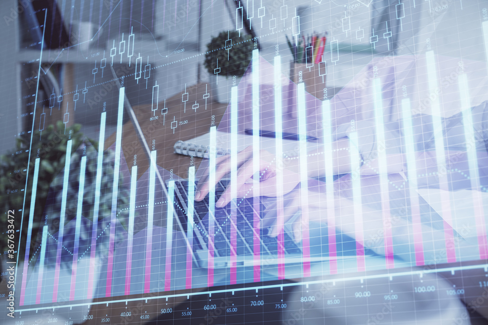 Double exposure of woman hands typing on computer and forex chart hologram drawing. Stock market invest concept. Double exposure of woman hands typing on computer and forex chart hologram drawing. Stock market invest concept.