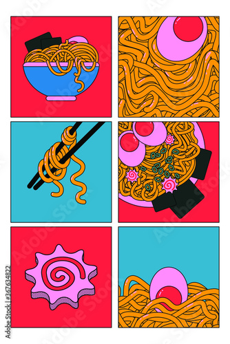 Set of ramen in bowls and chopsticks, Asian or Japanese food with noodles and broth.  Flat cartoon colorful vector illustration. 