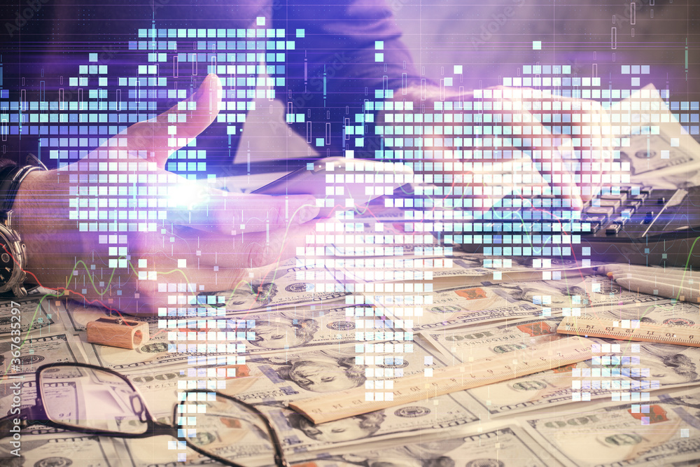 Fototapeta premium Double exposure of man's hands holding and using a phone and international business theme drawing.