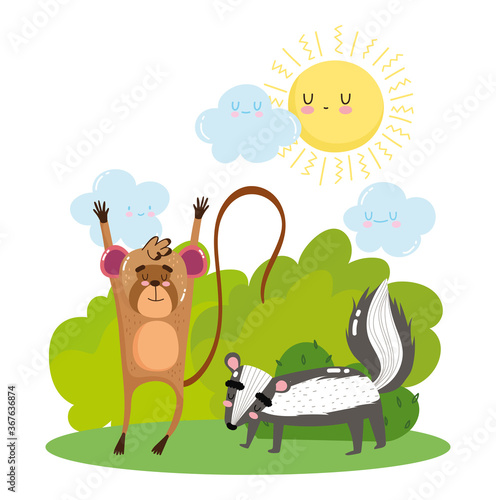 cute monkey and skunk on grass bushes nature wild cartoon