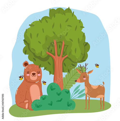 cute animals bear with reindeer and bees tree bush grass forest nature wild cartoon
