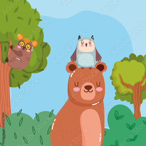 cute animals bear owl and tarsius in branch tree grass forest nature wild cartoon photo
