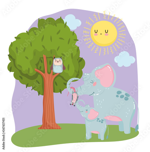 cute animals elephants opossum and owl in tree grass forest nature wild cartoon