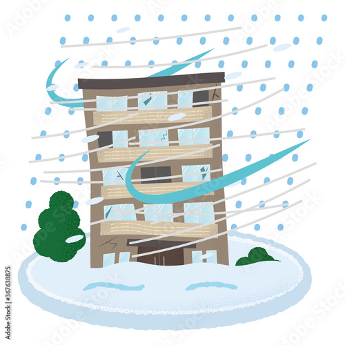 吹雪の被害に遭うマンションのベクターイラスト