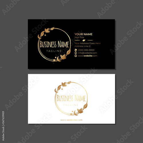 Gold Natural Business Card Template with Leaves and Badge Logo