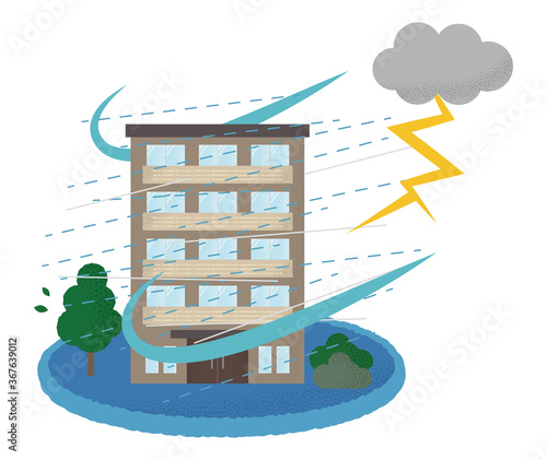 雷雨の被害に遭うマンションのベクターイラスト