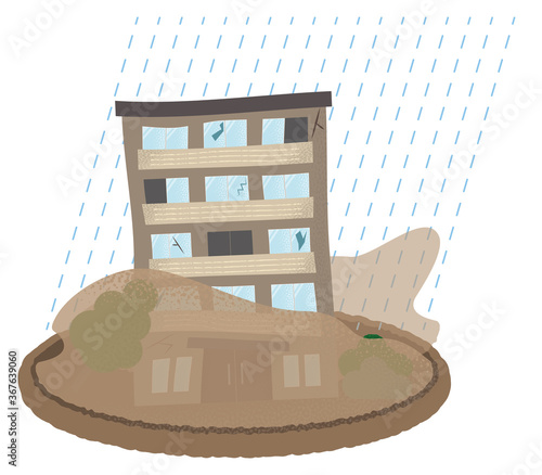 浸水の被害に遭うマンションのベクターイラスト