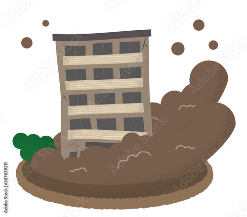 土砂崩れに遭うマンションのベクターイラスト