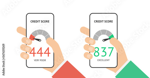Hands holding smartphones with credit score app on the screen in flat style with different level bad and good vector isolated on white background