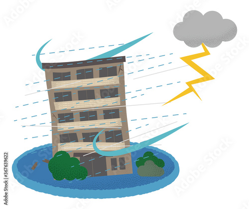 雷雨の被害に遭うマンションのベクターイラスト