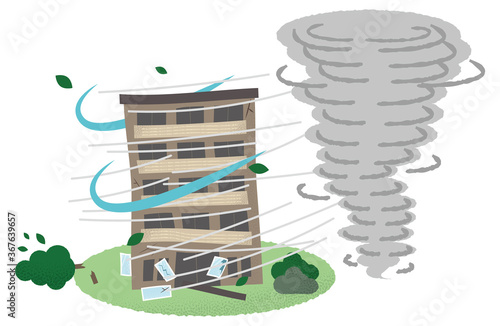 竜巻の被害に遭うマンションのベクターイラスト