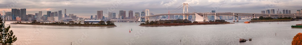 Naklejka premium Tokyo Scenic Destinations. Famous Rainbow Bridge in Odaiba Island in Tokyo with Line of Skyscrapers in Background.