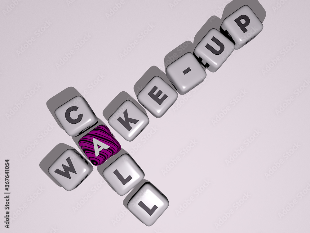 crosswords of wake-up call arranged by cubic letters on a mirror floor, concept meaning and presentation. phone and business crosswords of wake-up call arranged by cubic letters on a mirror floor, concept meaning and presentation. phone and business