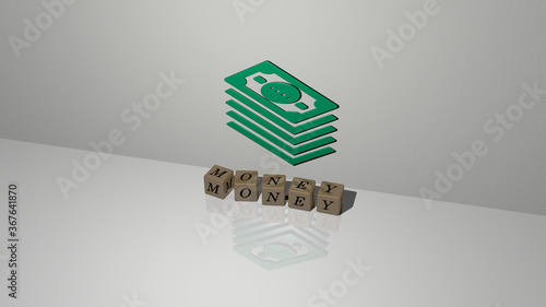 3D representation of money with icon on the wall and text arranged by metallic cubic letters on a mirror floor for concept meaning and slideshow presentation. illustration and business photo