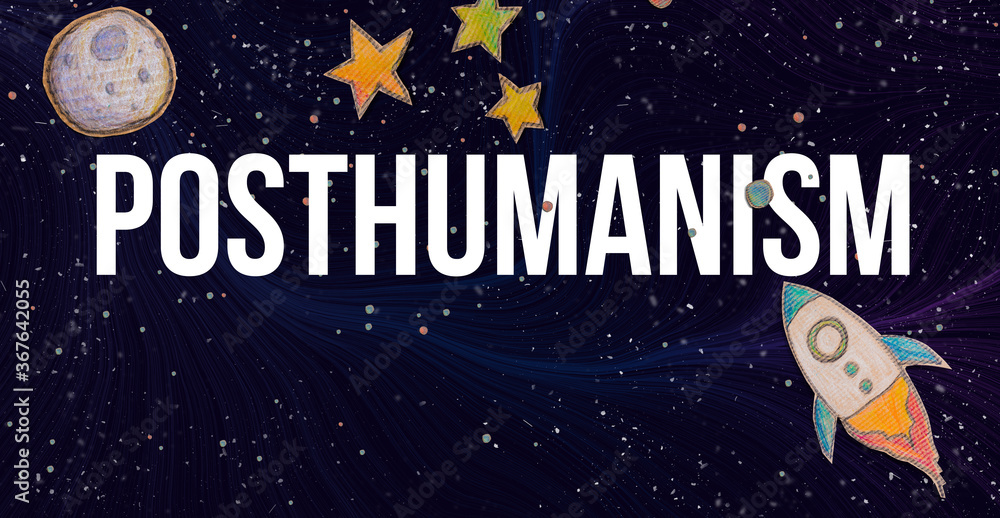Posthumanism theme with space background with a rocket, moon, and stars
