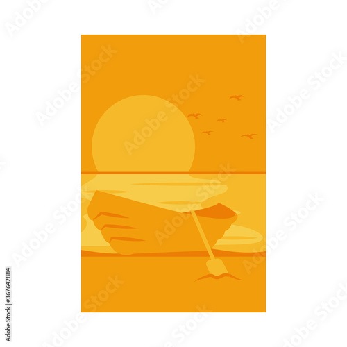 Summer orange banner with boat at beach vector design