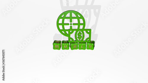 3D illustration of money graphics and text made by metallic dice letters for the related meanings of the concept and presentations. business and background