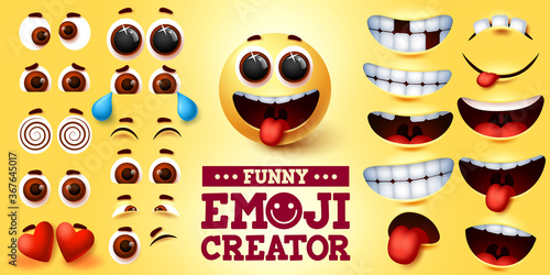 Funny emoji smiley vector creator set. Smiley emojis kit in funny faces with editable facial expression for emoticon sign and symbol design element. Vector illustration
