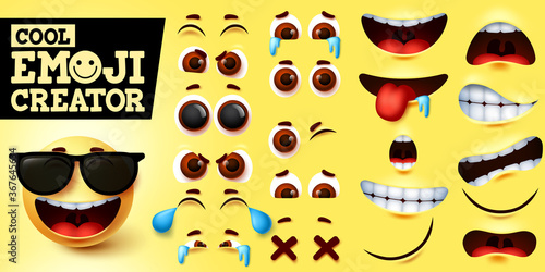 Cool emoji smiley creator vector set. Smiley emojis maker in cool happy face with sunglasses and editable facial expression for emoticon design element. Vector illustration
