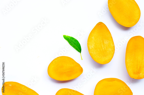 Tropical fruit, Mango slices on white background.