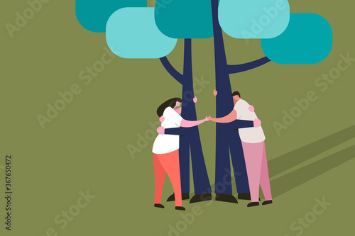 Conceptual illustration of people and trees hugging together