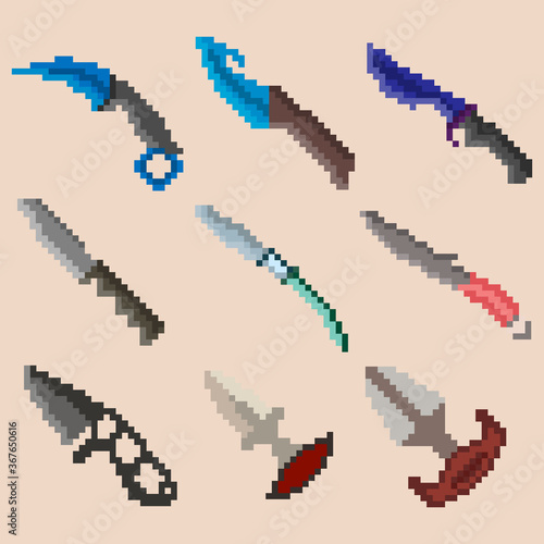 Set of nine pixel combat knives. Image for icons, games, sites and more.