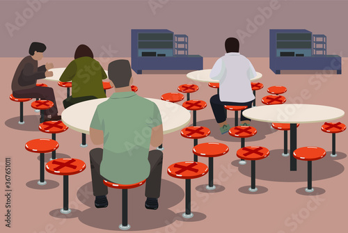 Social distancing at food court: some people eating, stools marked for keeping social distance