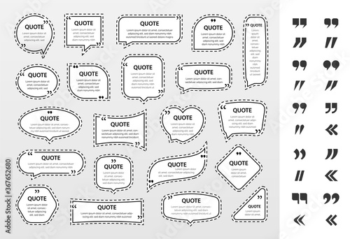 Quote frames textboxes with punctuation marks. Blank template with print information design quotes.