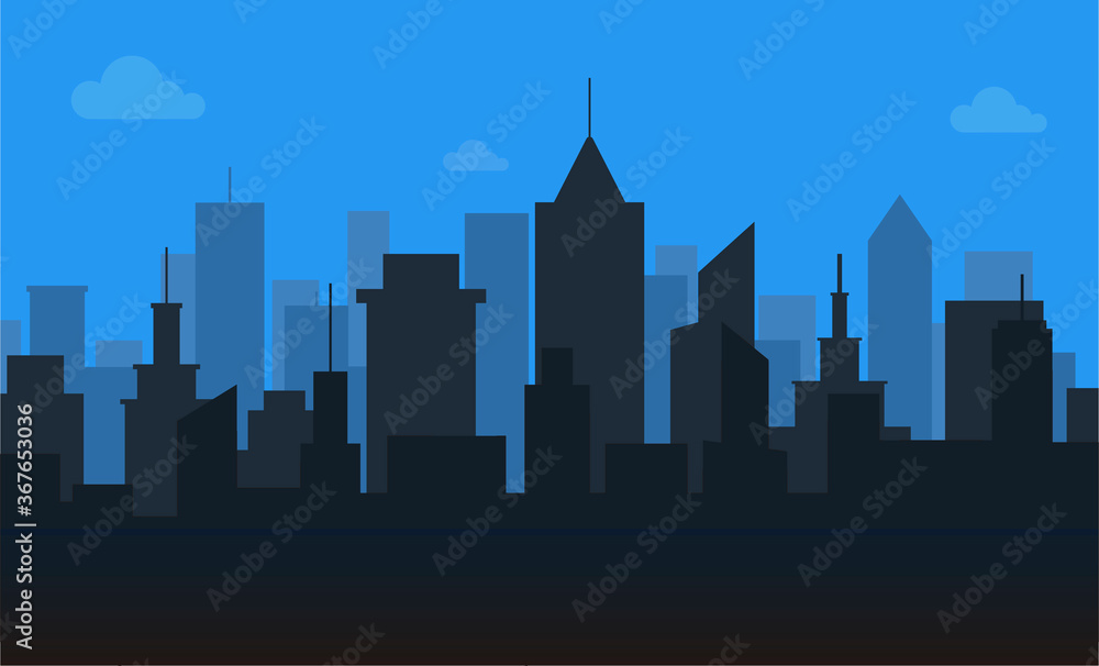 Scene of city building on blue sky background. Vector illustration. Industrial street with skycraper.