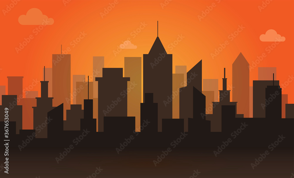 Scene of city building on orange sky background. Vector illustration. Industrial street with skycraper.