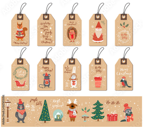 Christmas tags set with Santa, animals and Christmas elements, fox, hetchog, bird, mouse, squarrel, Christmas tree, snow, snowflakes, doodle hand drawn style, Vector illustration.