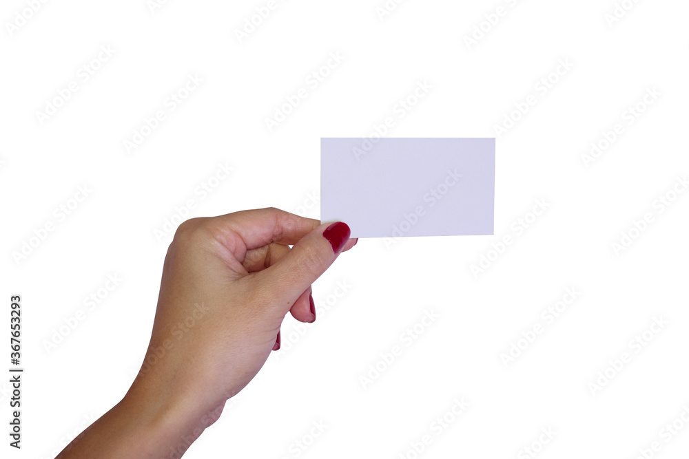 Hand holding blank business card, isolated on white background Hand holding blank business card, isolated on white background