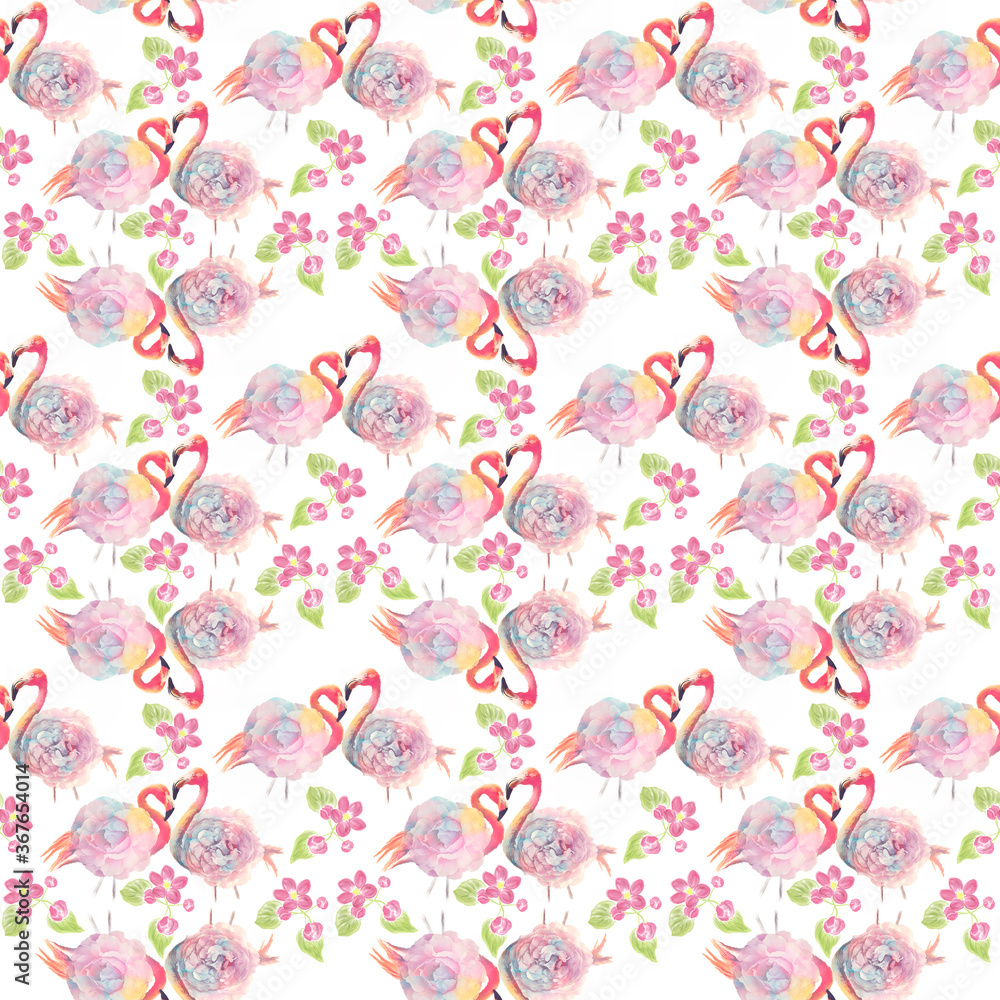 digital watercolor painting of seamless pattern with roses and flamingo birds.