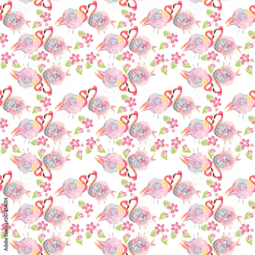 digital watercolor painting of seamless pattern with roses and flamingo birds.