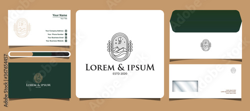 Mountain and ocean logo templates with the concept of line art, equipped with business card designs and letter envelopes