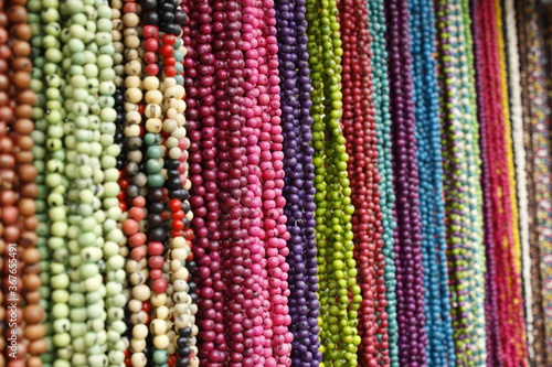 Colorful seed necklaces at craft fair in Brazil