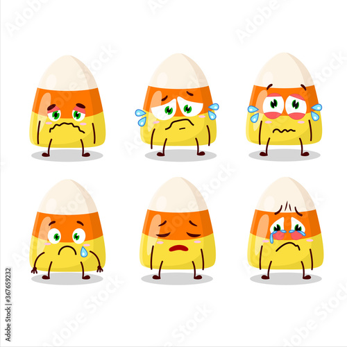 Candy corn cartoon character with sad expression