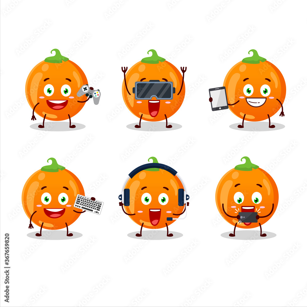 Halloween orange candy cartoon character are playing games with various cute emoticons