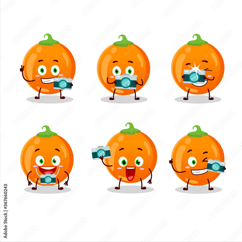 Photographer profession emoticon with halloween orange candy cartoon character Photographer profession emoticon with halloween orange candy cartoon character